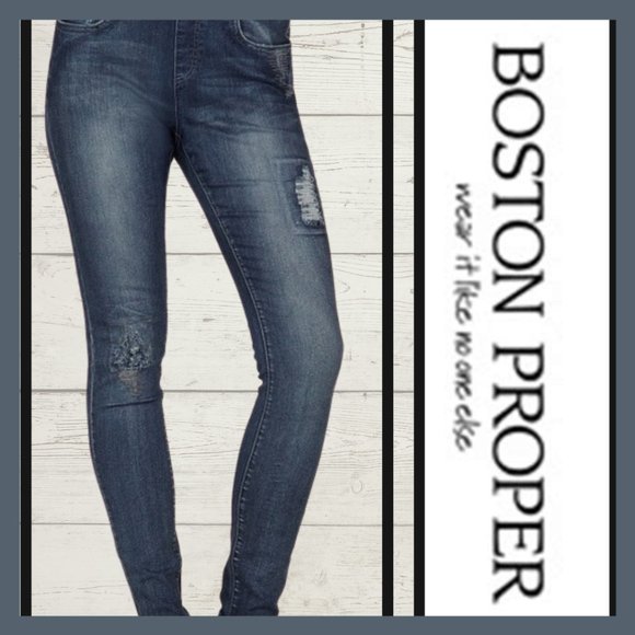 BOSTON PROPER DISTRESSED PULL-UP SKINNY JEANS - Picture 1 of 11